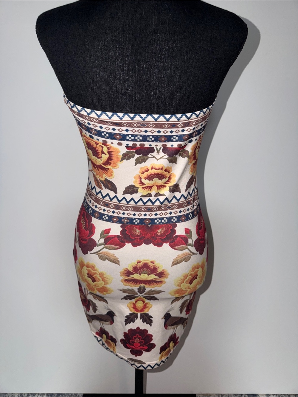 Floral Strapless Bodycon Dress in Cream and Burgundy - Picture 2 of 2